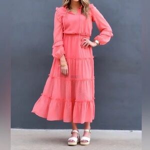 Joy Joy Ruffle Maxi Tier Dress Coral Pink in color